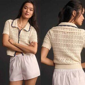 NEW Maeve Short-Sleeve Open-Stitch Polo Cardigan Sweater Top Cream Size: Small
